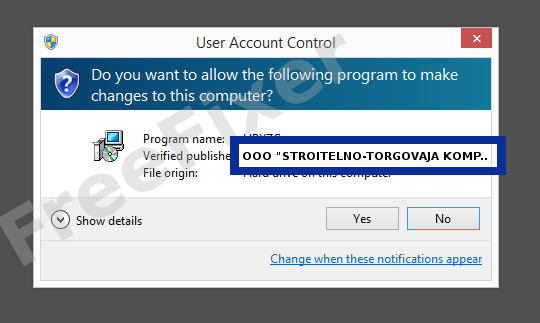 Screenshot where OOO "STROITELNO-TORGOVAJA KOMPANIJA "KANT" appears as the verified publisher in the UAC dialog